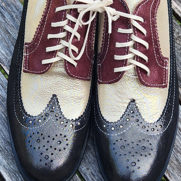 Girotti International Handmade Metallic Leather  Colorblock Oxford Shoes 43 - Picture 5 of 6